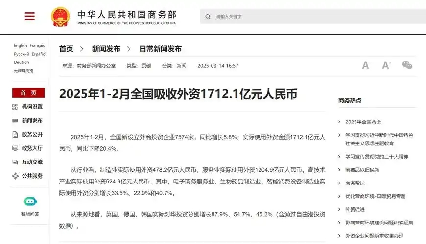 2025年1—2月全国吸收外资1712.1亿元人民币
